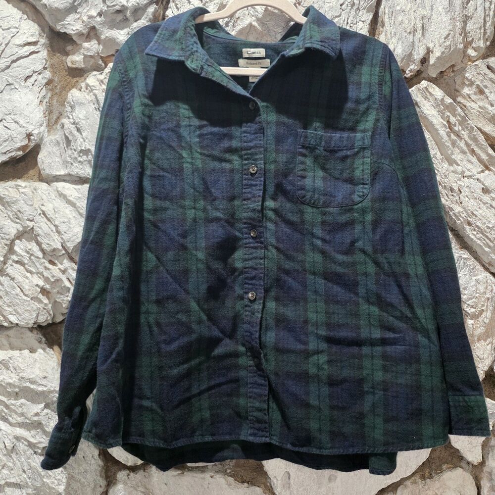 LL Bean Womens Plus Size 2X Relaxed Fit Plaid Flannel Shirt Top Green Blue